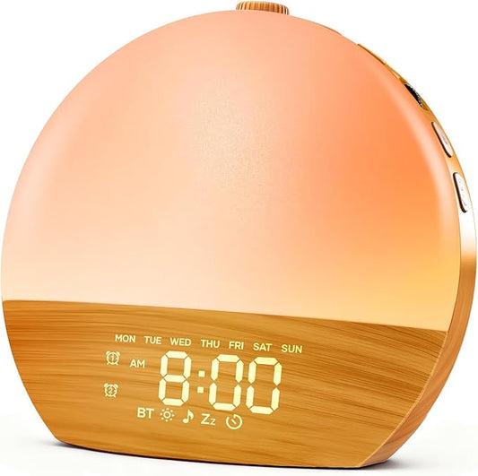 Sunrise Alarm Clock, Sound Machine, Wood Grain Dimmable Night Light for Heavy Sleepers, White Noise Machine for Baby, Dual Alarm Function 30 Sleep Sounds, Wake Up Light with 17 Effects