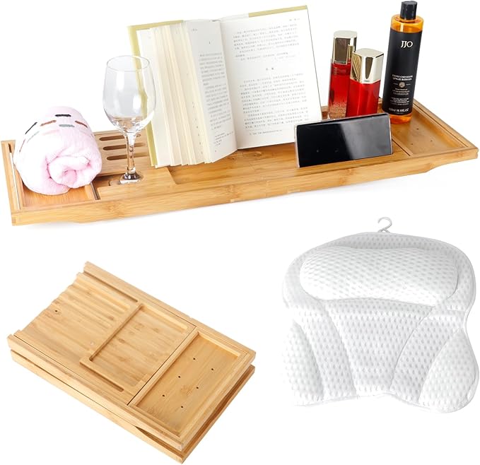 Bathtub Tray Table and Bath Pillow, Expandable and Foldable Bath Caddy Tray for Tub, Luxury Bathtub Accessories