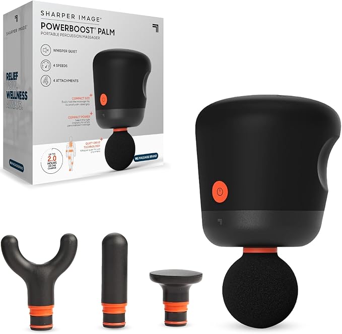Sharper Image Mini Massage Gun, Powerboost Palm Rechargeable Deep Tissue Percussion Handheld Massager, 4 Adjustable Speeds, 4 Attachment Heads, Full Body Muscle Pain Relief Gift, Black