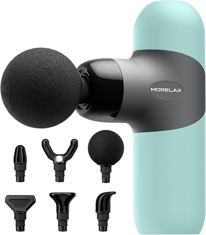 Morelax Mini Massage Gun Portable Deep Tissue Muscle Percussion Massager, Electric Handheld Sport Massager with 6 Massage Heads 4 Speed, Best Gift (Blue)