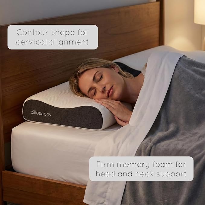 pillosophy SleepTheory Pillow • Contour Shape • Cervical Neck Support • Memory Foam Core • Washable Cooling Cover • Medium Firmnesss • Perfect for Back, Side, Stomach Sleepers (Standard Size)