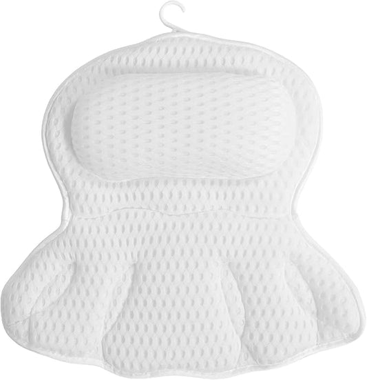 Housoutil 4d Bath Pillow for Tub Neck and Back Support, Machine Washable White Bath Cushion with Non-Slip Suction Cups, Ergonomic Tub Headrest for Relaxing Spa and Home Bathing