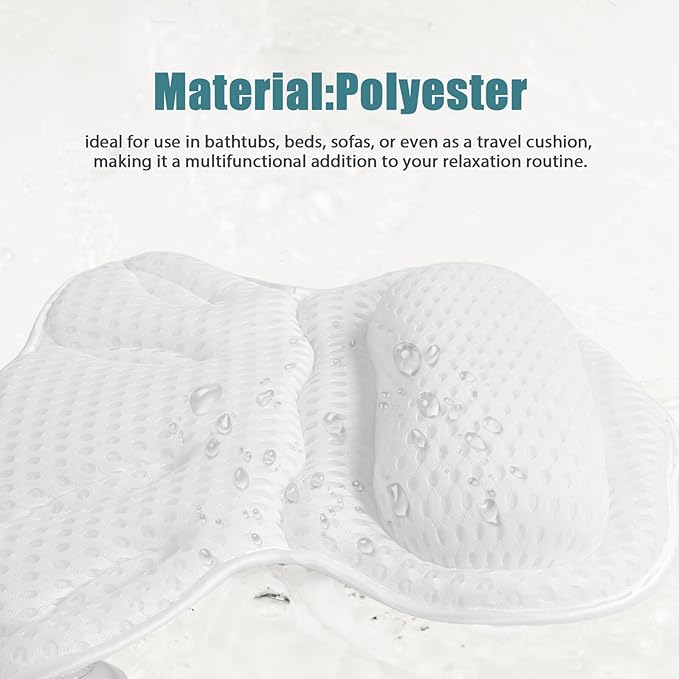 4d Bath Pillow for Tub, Neck and Back Support, Machine Washable Non-Slip Air Mesh Cushion, White Bathtub Headrest for Relaxing Spa and Full Body Bath Experience