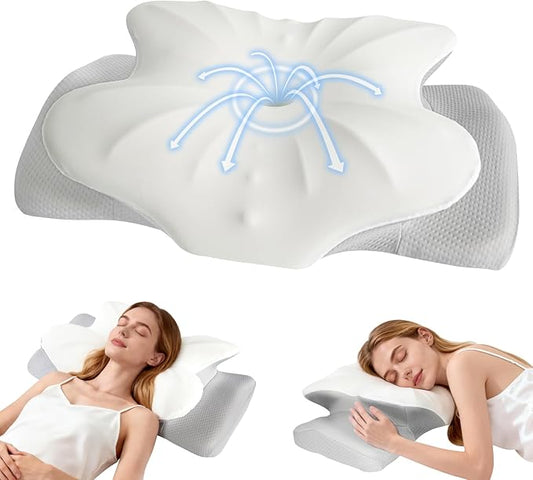 Cervical Neck Pillow for Sleeping Ergonomic Memory Foam Pillow for Neck Pain Relief, Dual Height Contour Support with Cooling Breathable Pillowcase for Side Back Stomach Sleepers