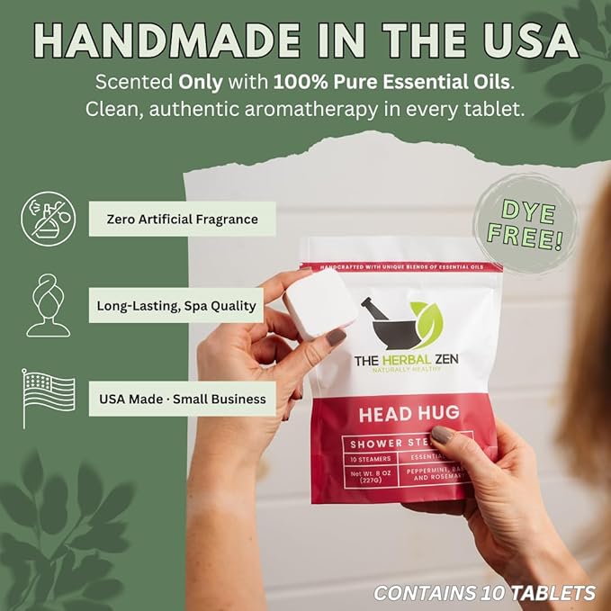 Head Hug Shower Steamers Aromatherapy for Relief - USA Made Valentines Day Gift for Her and Him - Peppermint & Rosemary Shower Bomb Tablets – Soothing Natural Essential Oils (10 Pack)