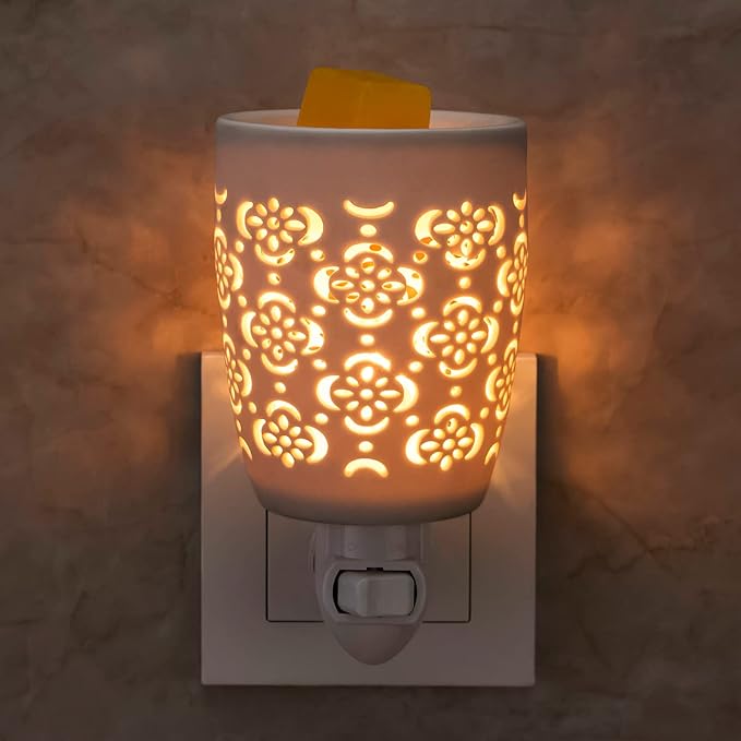 STAR MOON Ceramic Pluggable Wax Melt Warmer, Diffuser for Fragrance Oil, Candle Melter Plug in Wall for Home, Office and Spa, Ideal Gifts, with Two Bulbs Packed Safe to Use- Flower Hollow Design