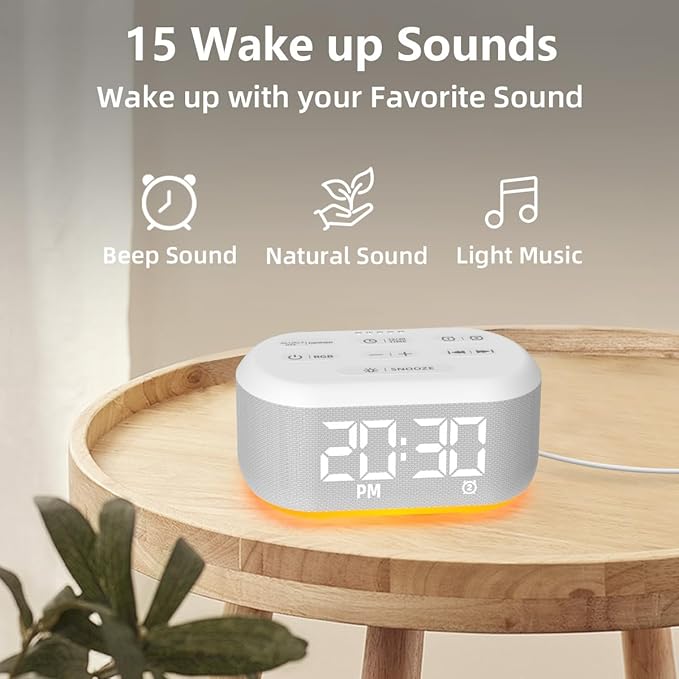 Small Digital Alarm Clock for Bedrooms Sound Machine with 30 Soothing Sound Plug in Bedside Clock with Night Light Noise Machine Battery Backup 15 Wake up Sound Clock for Teen Kid Heavy Sleeper Snooze