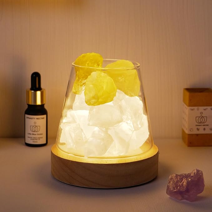 Runyangshi Citrine Clear Quartz Night Lamp Natural Healing Crystal Aroma Stone Diffuser with Remote Control Bedside Lamp USB Port 7 Colours Dimming Mode Bedroom Lamp Home Decor Gift