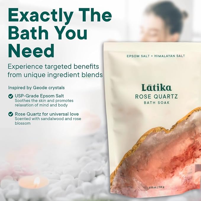 Latika Geode-Inspired Bath Soak Single Pack- Rose Quartz with Essential Oils & Epsom Salt for Stress Relief, Muscle Recovery & Skin Care [1 Pack]