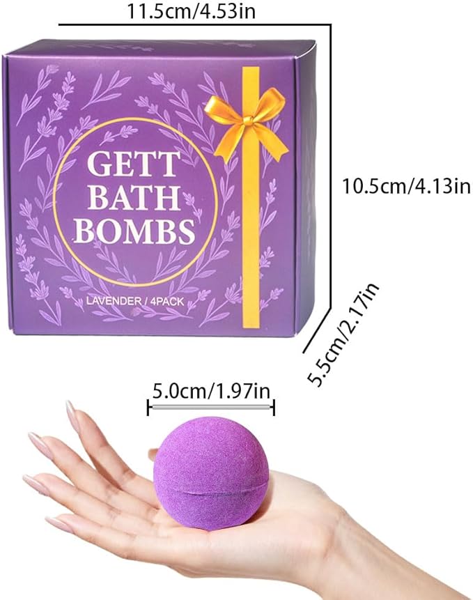 GETT Lavender Bath Bombs 4-pcs, Individually Wrapped Bath Bombs for Men & Women, Luxury Gift Set with Vegan and Essential Oils, Relaxing and Moisturizing Bubble Bath, Organic Bath Essentials for All