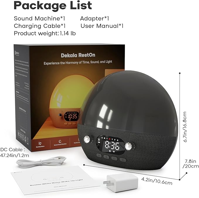 Dekala RestOnn Sunrise Alarm Clock Sunset Sound Machine 7-Day Programmable Loud Dual Alarm Clock, White Noise Natural Sounds for Sleeping Bluetooth Speaker Amber Night Light Smart App Control