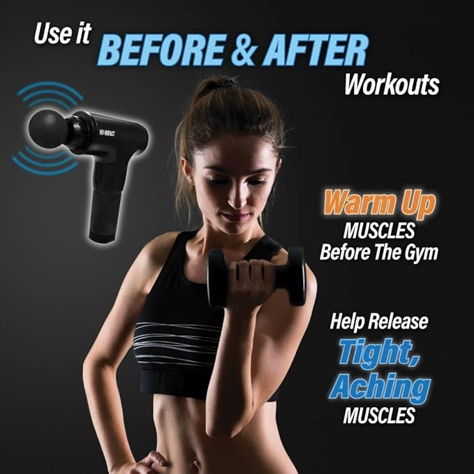 HY Impact Cordless Muscle Massager – Professional Massage Gun with Four Interchangeable Massaging Heads, Portable and Lightweight, Six Intensity Speeds Gives Fast Recovery from Fatigue and Soreness