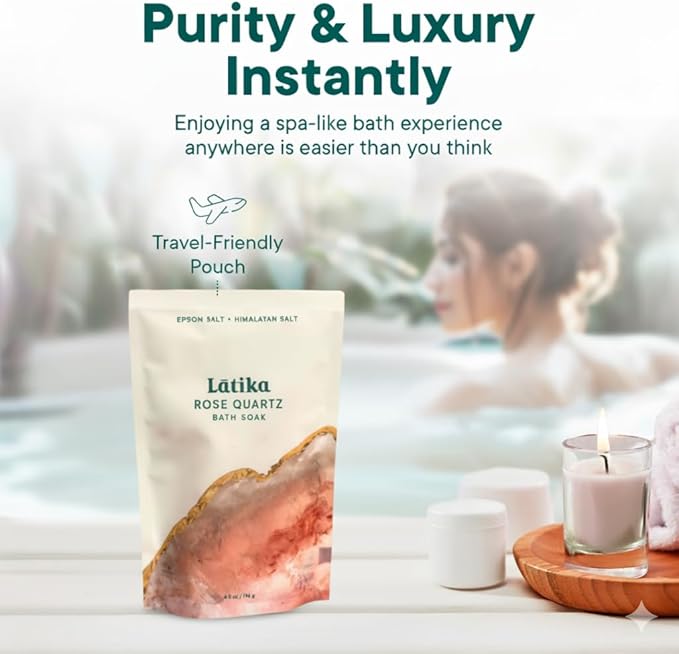 Latika Geode-Inspired Bath Soak Single Pack- Rose Quartz with Essential Oils & Epsom Salt for Stress Relief, Muscle Recovery & Skin Care [1 Pack]