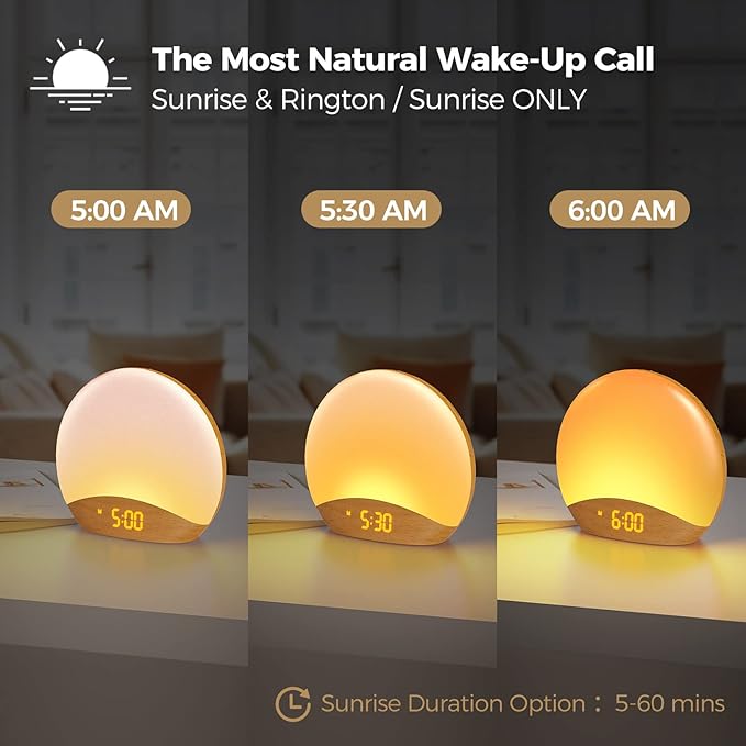 HOUSBAY White Noise Machine Sunrise Alarm Clock, Wake Up Light, Dimmable Night Light, 26 Natural Sounds, Gentle Wake up & Sound Machine for Sleeping, Adults, Kids, Baby-Wooden