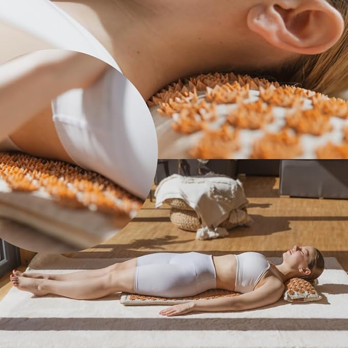 Glanzstück Berlin® Acupressure Mat Set Premium, Beginner Suitable, Made of Linen, Neck and Back Pain Relief, with Pillow (Heat Function) & Bag, Sustainable