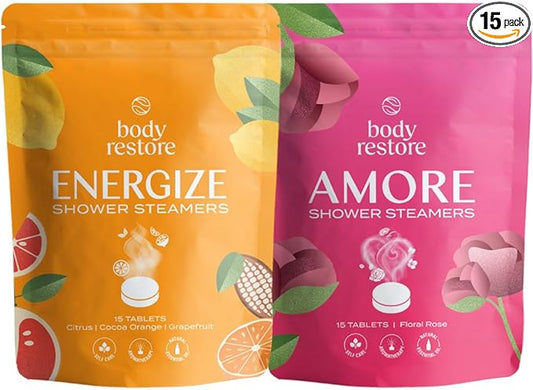 Body Restore Shower Steamers Aromatherapy (15 Packs x 2) - Gifts for Mom, Gifts for Women & Men, Shower Bath Bombs, Citrus Grove, Rose, Essential Oils, Stress Relief
