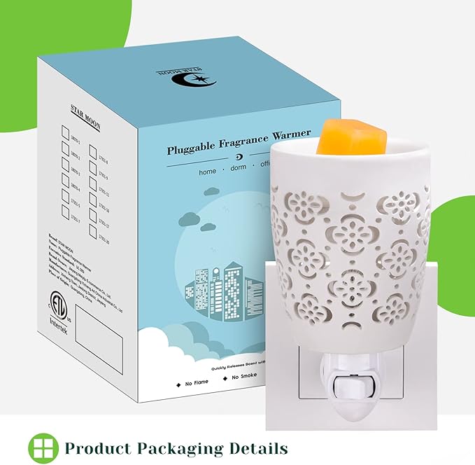 STAR MOON Ceramic Pluggable Wax Melt Warmer, Diffuser for Fragrance Oil, Candle Melter Plug in Wall for Home, Office and Spa, Ideal Gifts, with Two Bulbs Packed Safe to Use- Flower Hollow Design