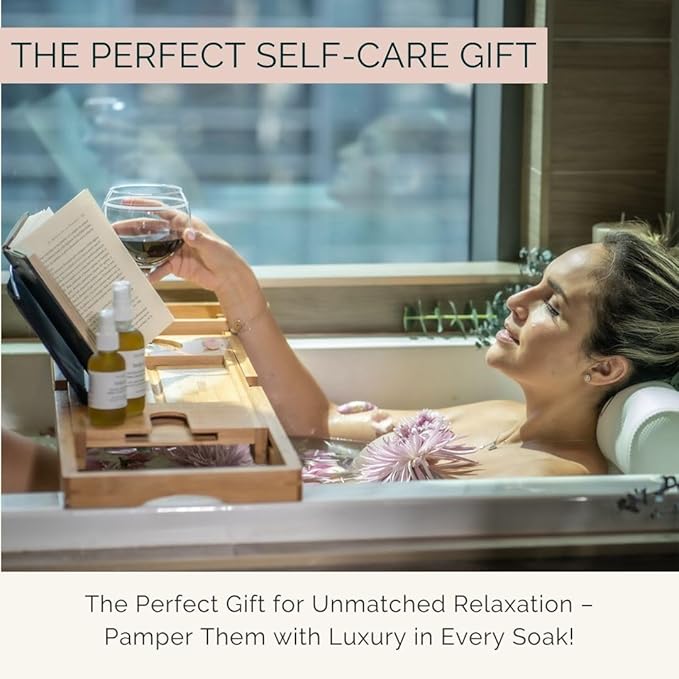 Bath Pillow and Bathtub Tray Set for Tub | Luxurious, Relaxing Home Spa Accessories with Bath Tub Pillows for Head and Neck, Foldable Bath Tray Caddy Organizer | Relaxation Gifts for Women Self Care