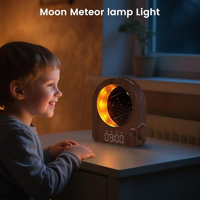 Sunrise Alarm Clock, White Noise Machine & Meteor Moonlight - 10 Soothing Sounds, Dual Alarms, 30/60/90min Timer, Easy Snooze - Bedroom Gift for Insomnia Adults/Women - Walnut