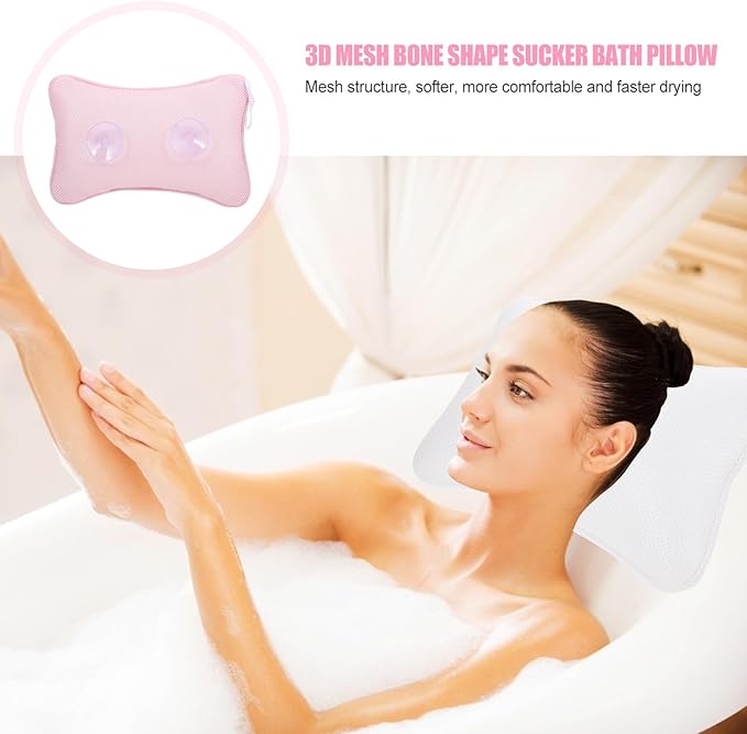 Bath Spa Pillow with Suction Cups, 1pcs Pink 3D Mesh Bathtub Headrest for Neck and Back Support, Breathable Bath Pillow for Tub Relaxation and Spa Use
