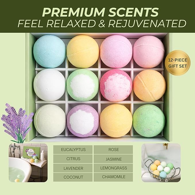 Bath Bombs Gift Set, 12 Pack Aromatherapy Bath Bombs for Women & Men Relaxation – Spa Bath Fizzies with Lavender & Eucalyptus, Self Care Gifts Birthday & Mother’s Day, Wife, Girlfriend, Mom, Dad