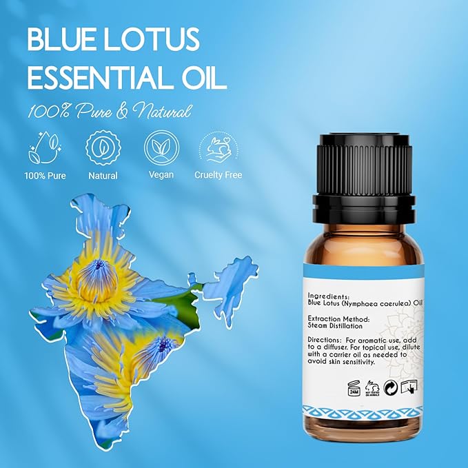 100% Pure Blue Lotus Oil 0.34 Fl Oz, Natural Blue Lotus Essential Oil in Amber Glass Bottle with Dropper for Diffuser, Massage, Skin & DIY Use