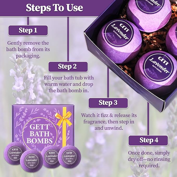 GETT Lavender Bath Bombs 4-pcs, Individually Wrapped Bath Bombs for Men & Women, Luxury Gift Set with Vegan and Essential Oils, Relaxing and Moisturizing Bubble Bath, Organic Bath Essentials for All