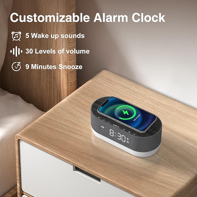 HOUSBAY Sound Machine with Alarm Clock for Bedrooms, Dual Speakers, 21 HiFi Sounds, 10W Wireless Charger, Unlimited Sound, Bluetooth, 10 Night Light, White Noise Machine for Sleeping, Black