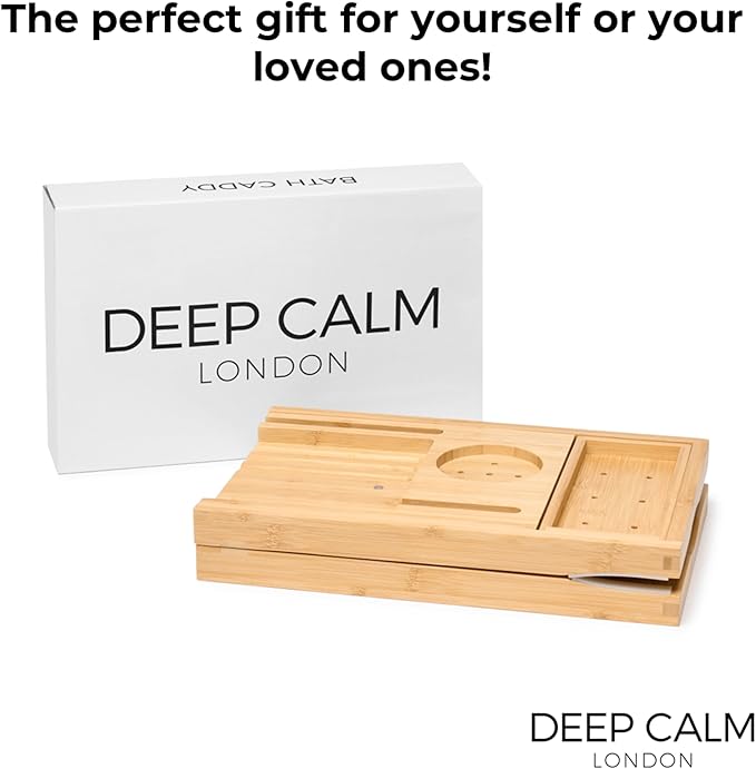 Deep Calm Bathtub Tray Caddy - Bamboo Foldable Bath Tub Table, Expandable Bath Tray Holds All Bathtub Accessories, Perfect Luxury Relaxing Gift for Self Care