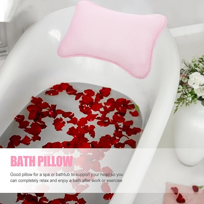 Bath Spa Pillow with Suction Cups, 1pcs Pink 3D Mesh Bathtub Headrest for Neck and Back Support, Breathable Bath Pillow for Tub Relaxation and Spa Use