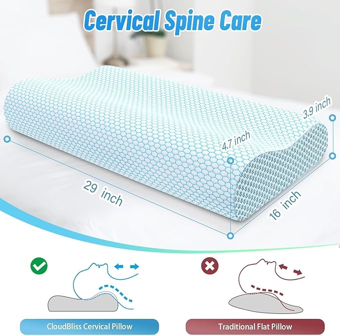 CloudBliss Memory Foam Pillow, Ergonomic Neck Contour Cervical Pillow for Back and Shoulder Pain, Orthopedic Pillow for Neck Pain Relief, for Sleeping Side, Back, Stomach Sleepers - Blue, Queen