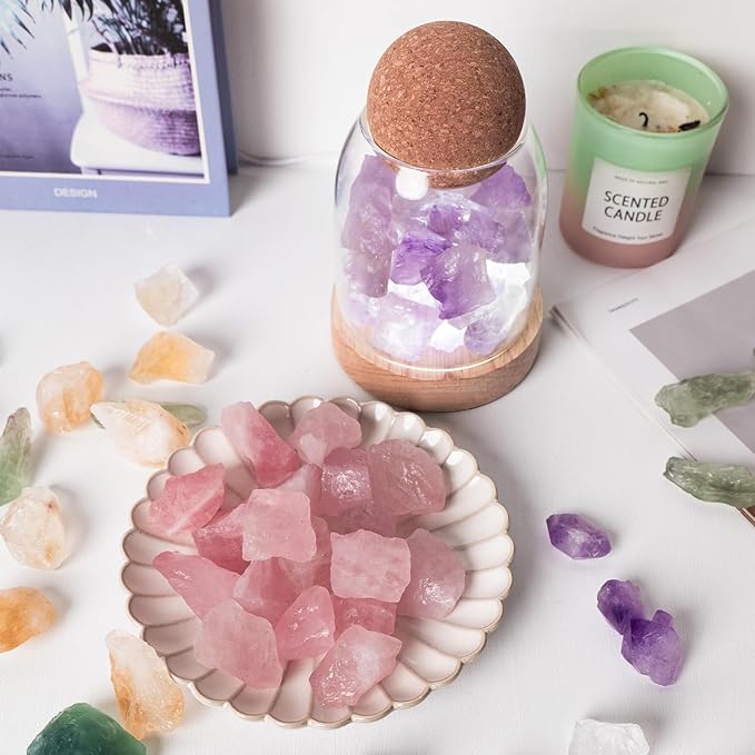 Runyangshi Amethyst Bud Night Lamp 6.3" Natural Healing Crystal Aroma Stone Diffuser Bedside Lamp USB Port 3 Colours Dimming Mode Bedroom Lamp Home Decor