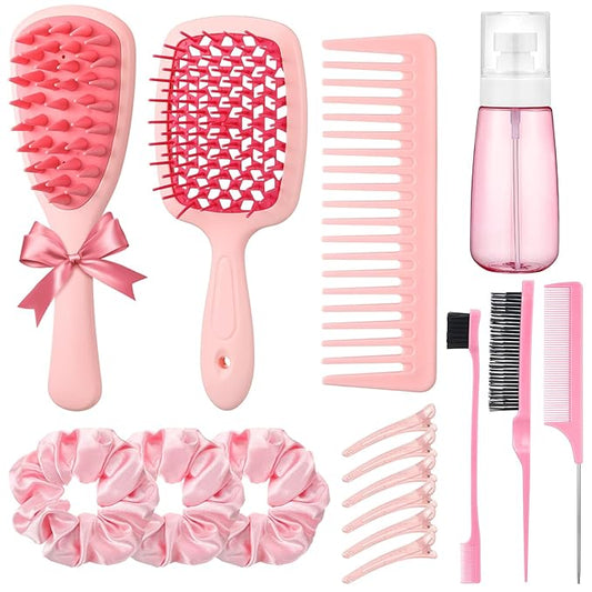16 Pcs Pink Hair Brush Set for Women Girls - Scalp Scrubber with Handle, Detangle Hair Brush, Spray Bottle, Edge Bristles Wide Tooth Brushes Rat Tail Comb for Travel Home Use