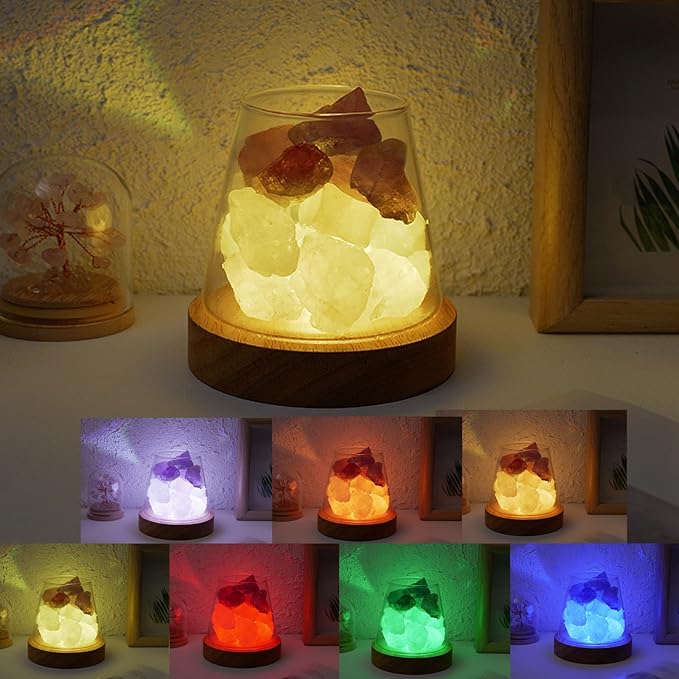 Runyangshi Amethyst Clear Quartz Night Lamp Natural Healing Crystal Aroma Stone Diffuser with Remote Control Bedside Lamp USB Port 7 Colours Dimming Mode Bedroom Lamp Home Decor Gift