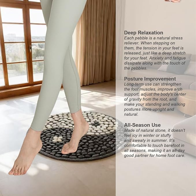 Rain Flower Stone Yin Yang Foot Massager Mat, Natural Pebble Acupressure pad for Plantar Fasciitis Relief, Reflexology Massage.