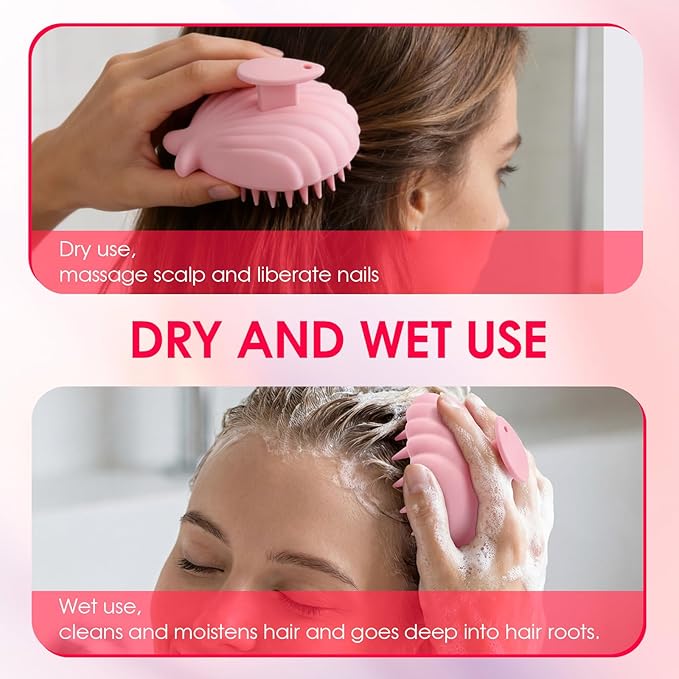 Detangling Silicone Scalp Scrubber Brush, for Wet or Dry Hair, Scalp Brush for Hair Growth and Dandruff Removal,Ergonomic Scalp Massager（Pink）