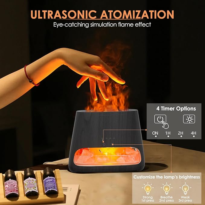 SALKING 2-in-1 Himalayan Salt Lamp & Ultrasonic Essential Oil Diffuser, Aromatherapy Diffuser Cool Mist Humidifier, Salt Therapy Lamp, Ambient Glow, 150ml (Black Wooden Grain)
