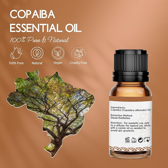 100% Pure Copaiba Essential Oil 0.34 Fl Oz, Therapeutic Grade Copaiba Oil in Amber Glass Bottle with Dropper for Diffuser, Massage, Skin Care & DIY