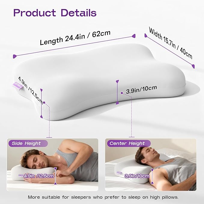 Side Sleeper Pillow - Patented Cervical Neck Pillow for Sleeping with Cooling Cover - High Loft Heavy Density Memory Foam Pillows for Side Sleepers & Broad Shoulders Adults (Grey)