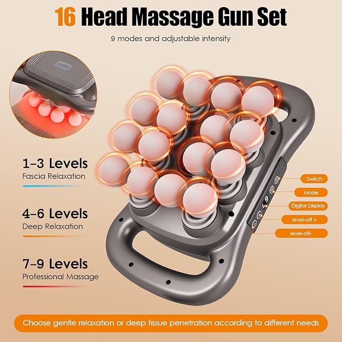2026 Electric Back Massager, Cordless Hands-Free 16-Head Deep Tissue Massage Gun, Rechargeable 2600mAh Dual Handle Massage Tool with 9 Modes & Levels for Body Muscle Pain Relief 。
