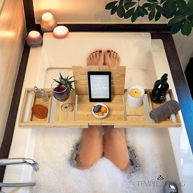 Temple Spring Foldable Bathtub Tray, Unique Design Selfcare Bathroom Caddy, Bamboo Spa Bathroom Tray, Wooden Bathtub Accessories, Wedding Gift/Birthday Gift/New Home Bath Table