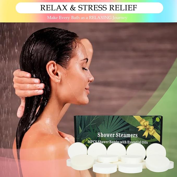 16 Pack Shower Steamers Aromatherapy - Natural Essential Oil Shower Bombs for Relaxation, Stress Relief & Self Care, Gift for Women & Men (8 Scents, 2 Each)