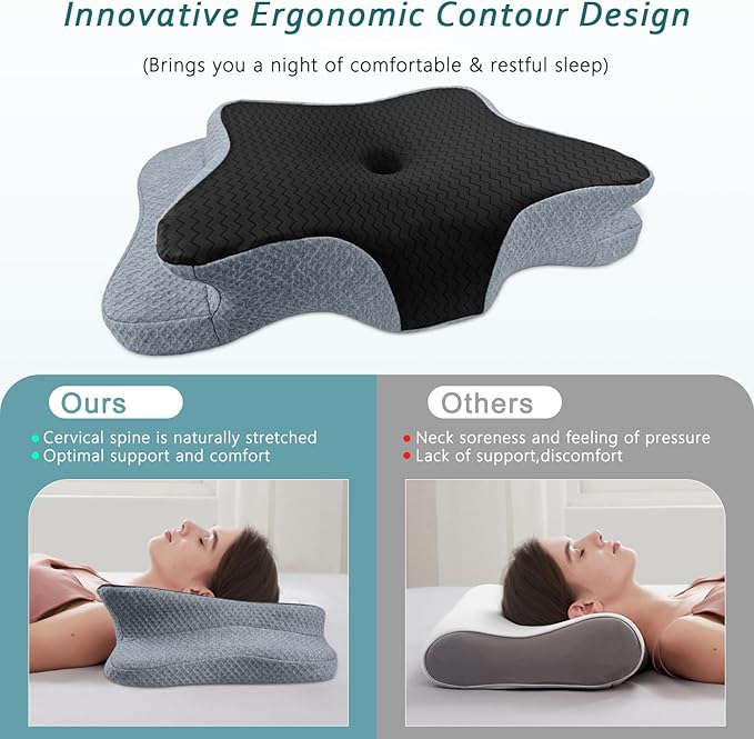 Cervical Pillow for Neck Pain Relief, Memory Foam Pillows, Ergonomic Contour Bed Pillow, Soft for Side Sleep Stomach Sleeping and Back Sleepers