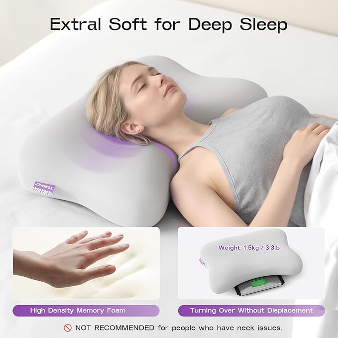 Side Sleeper Pillows - Patented Cervical Neck Pillow for Sleeping with Cooling & Removable Cover- High Loft Heavy Density Memory Foam Pillow for Side Back Sleepers (Light Grey)
