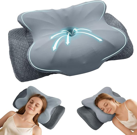Cervical Neck Pillow for Sleeping, Ergonomic Memory Foam Pillow for Neck Pain Relief, Dual Height Contour Support for Side and Back Sleepers, Cooling Breathable Pillowcase, Grey