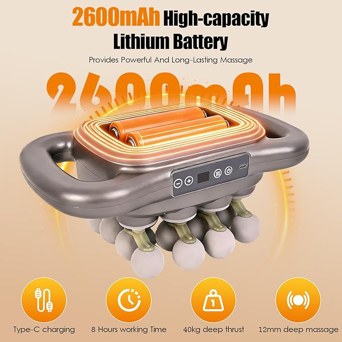2026 Electric Back Massager, Cordless Hands-Free 16-Head Deep Tissue Massage Gun, Rechargeable 2600mAh Dual Handle Massage Tool with 9 Modes & Levels for Body Muscle Pain Relief 。