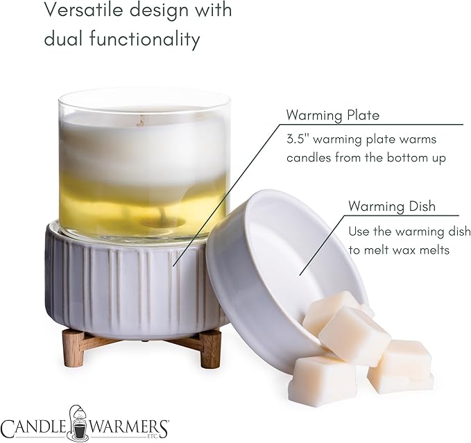 Candle Warmers ETC 2-in-1 Candle and Fragrance Warmer for Warming Scented Candles or Wax Melts and Tarts with to Freshen Room, Ceramic and Wood