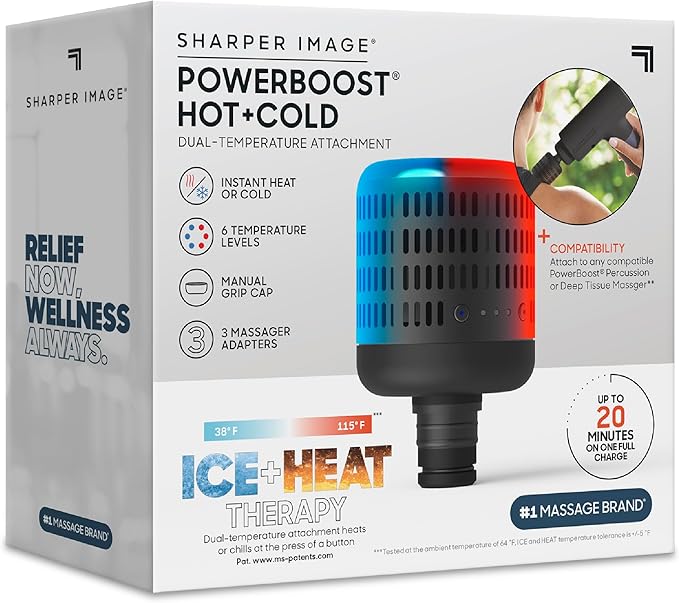 Sharper Image® Powerboost Hot + Cold Dual-Temperature Massage Gun Attachment - Instant Heat & Cold, 6 Temperature Levels, Compatible with Powerboost Massage Guns, Black