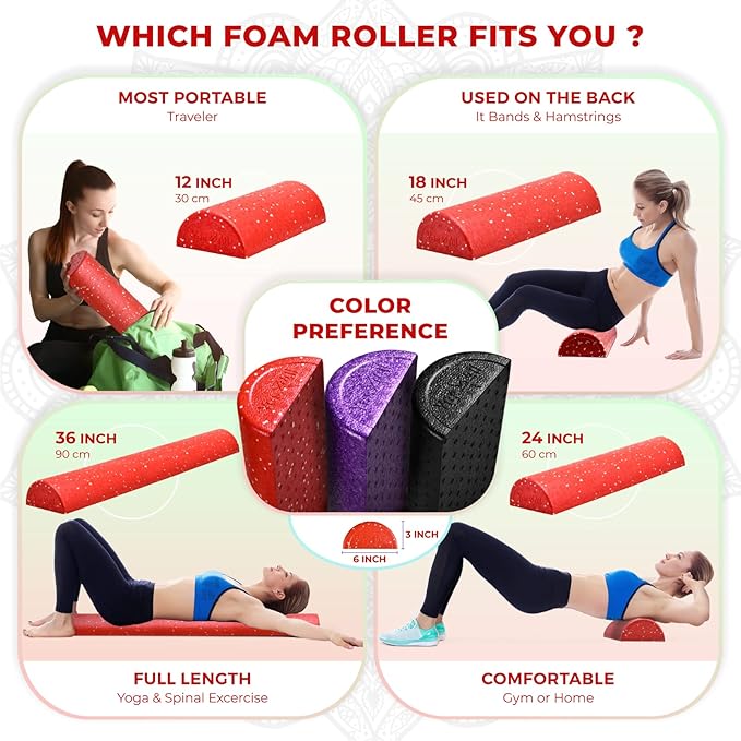 Yes4All High-Density EPP Half Round Back Roller Foam, Exercise Foam Roller for Yoga, Pilates & Stretching - 12, 18, 24, 36 inch