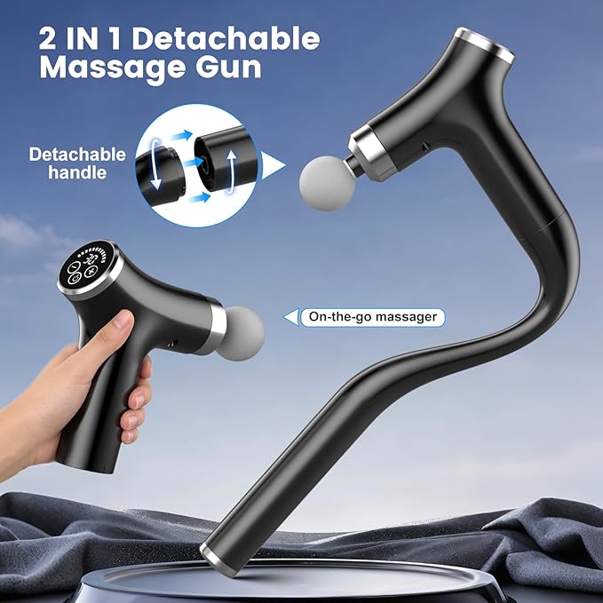 Detachable Long Handle Massage Gun for Back Pain Relief, Deep Tissue Percussion Massager with 12 Speed Levels, Handheld Muscle Massager for Back Shoulders Neck with 4 Attachments
